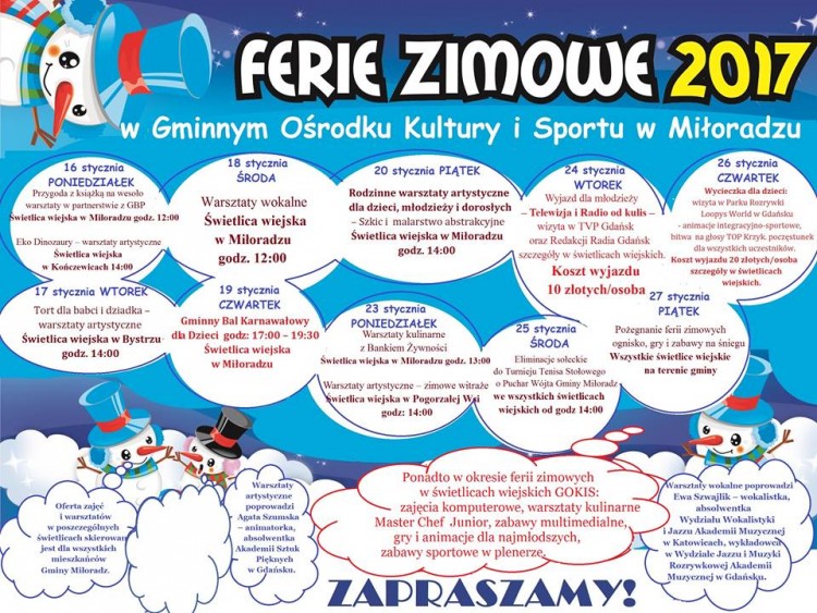 Ferie zimowe 2017 w Gminnym Ośrodku Kultury i Sportu w Miłoradzu - 16-27.01.2017