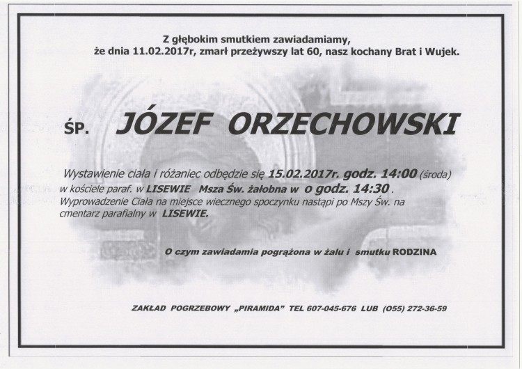 Zmarł Józef Orzechowski. Żył 60 lat.