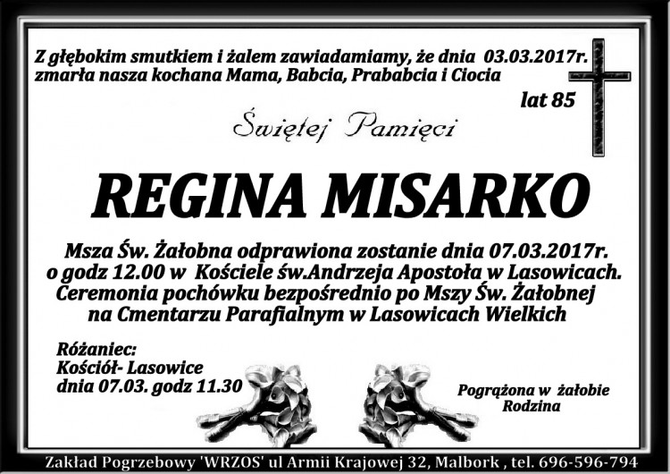 Zmarła Regina Misarko. Żyła 85 lat.