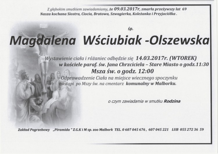 Zmarła Magdalena Wściubiak-Olszewska. Żyła 69 lat.