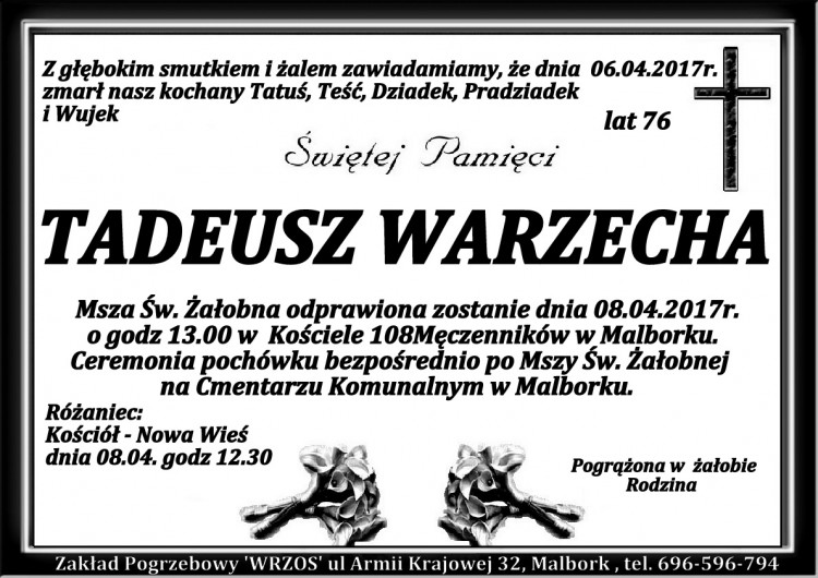 Zmarł Tadeusz Wrzecha. Żył 76 lat.