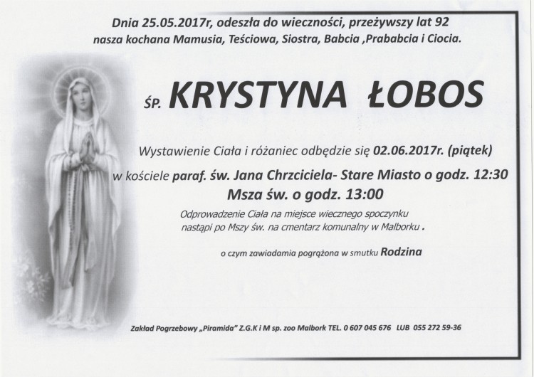 Zmarła Krystyna Łobos. Żyła 92 lata.