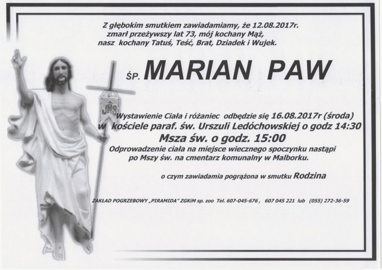 Zmarł Marian Paw. Żył 73 lat.