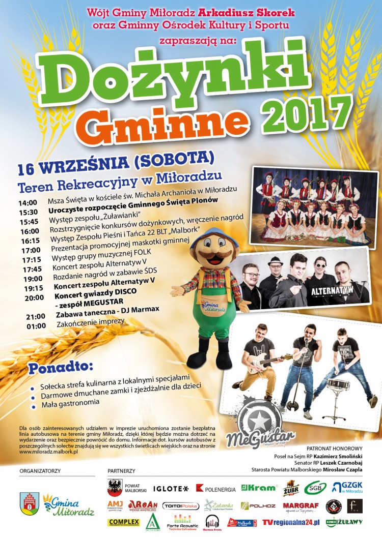 Zapraszamy na Dożynki 2017. Gminne Święto Plonów w Miłoradzu - 16.09.2017
