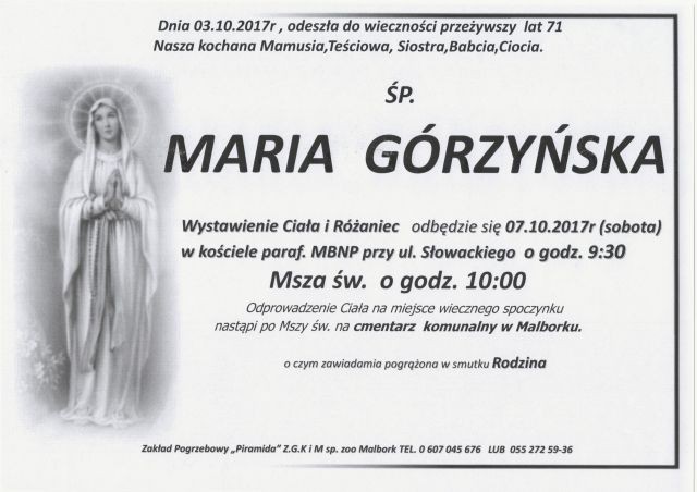 Zmarła Maria Górzyńska. Żyła 71 lat.