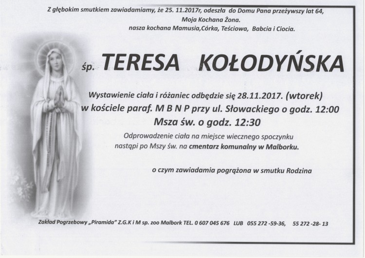 Zmarła Teresa Kołodyńska. Żyła 64 lata.