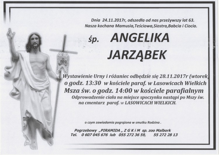 Zmarła Angelika Jarząbek. Żyła 63 lata.