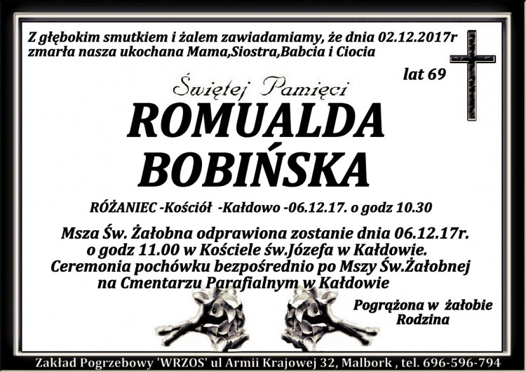 Zmarła Romualda Babińska. Żyła 69 lat.
