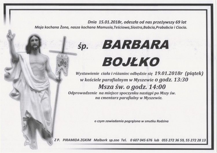 Zmarła Barbara Bojłko. Żyła 69 lat.