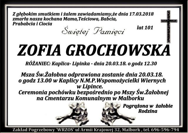 Zmarła Zofia Grochowska. Żyła 101 lat.