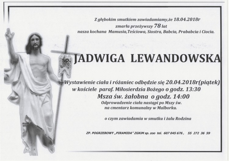 Zmarła Jadwiga Lewandowska . Żyła 78 lat. 