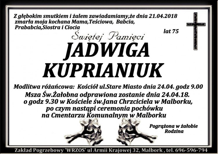Zmarła Jadwiga Kuprianiuk. Żyła 75 lat