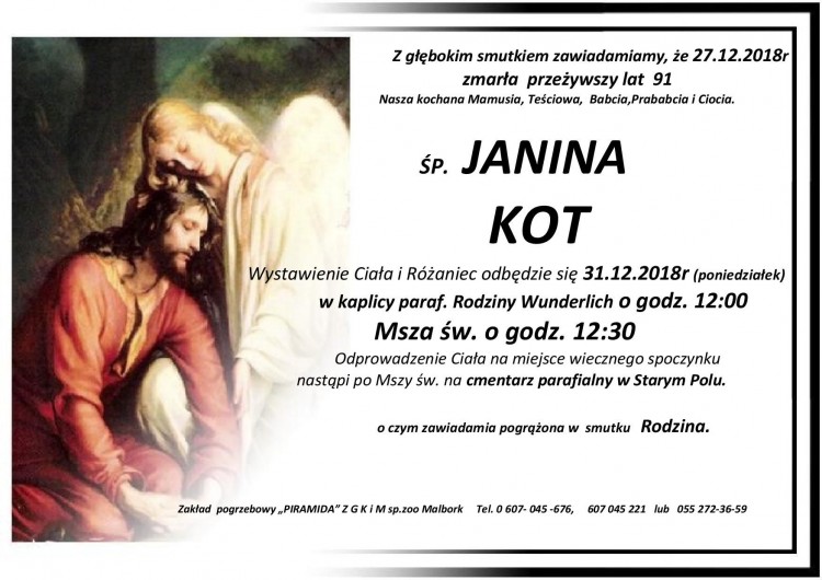 Zmarła Janina Kot. Żyła 91 lat.