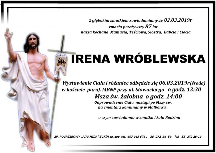 Zmarła Irena Wróblewska. Żyła 87 lat.