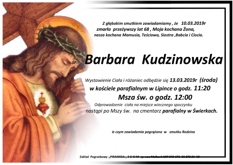 Zmarła Barbara Kudzinowska. Żył 68 lat.