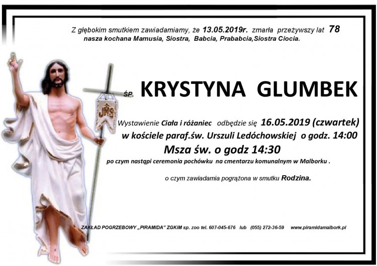 Zmarła Krystyna Glumbek. Żyła 78 lat.
