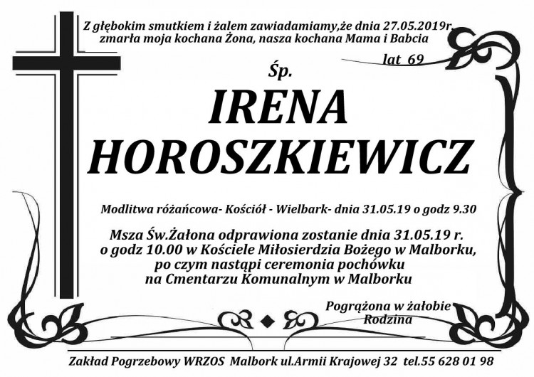 Zmarła Irena Horoszkiewicz. Żyła 69 lat.