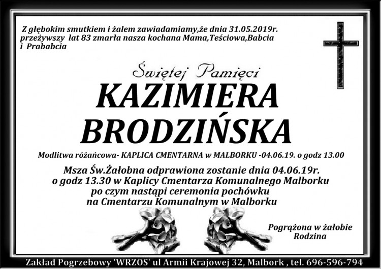 Zmarła Kazimiera Brodzińska. Żyła 83 lata.