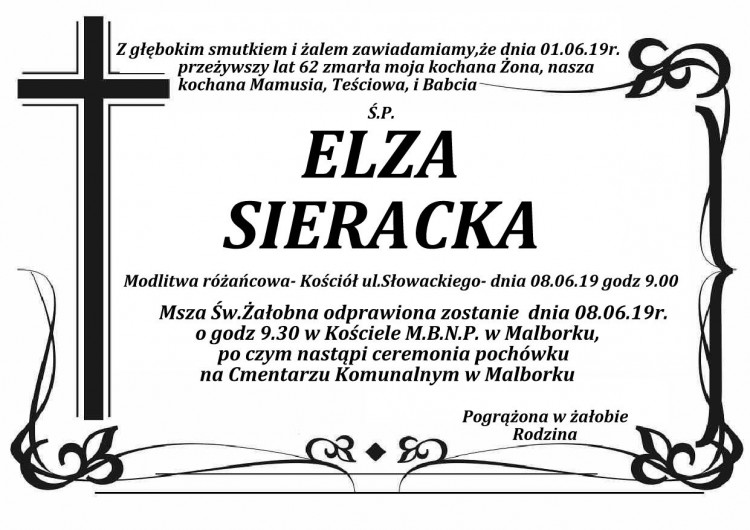 Zmarła Elza Sieracka. Żyła 62 lata.