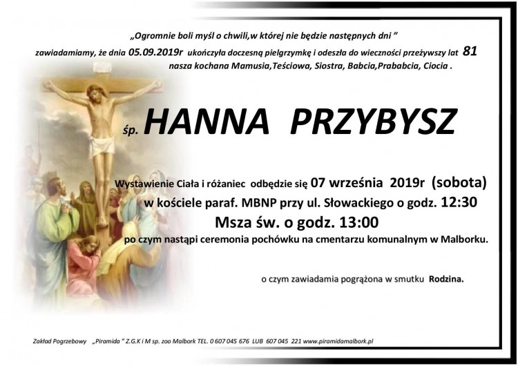 Zmarła Hanna Przybysz. Żyła 81 lat.