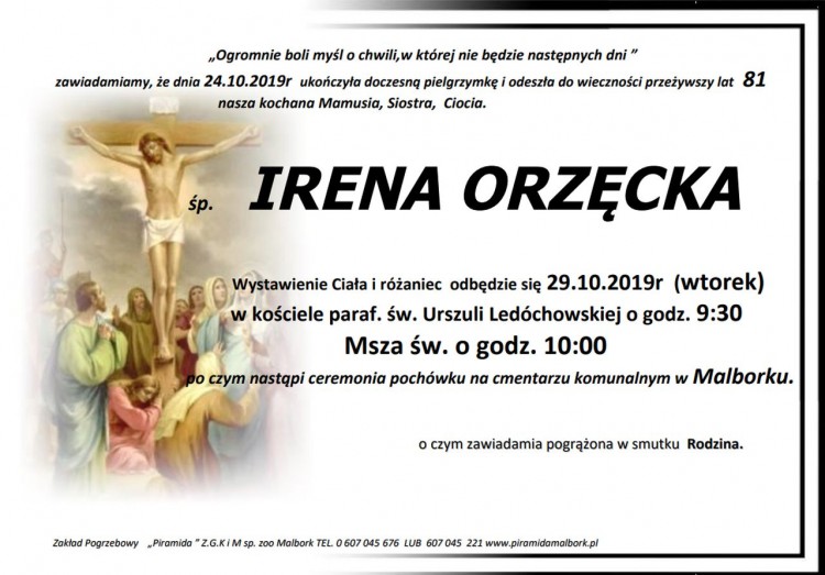 Zmarła Irena Orzęcka. Żyła 81 lat.