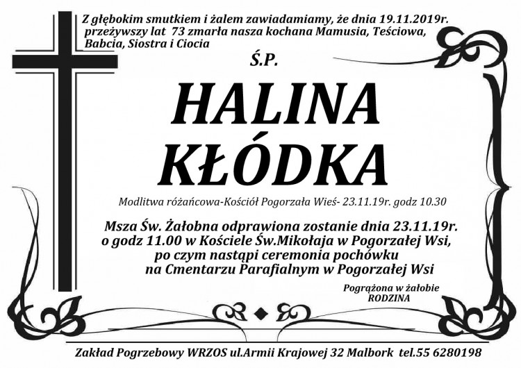Zmarła Halina Kłódka. Żyła 73 lata.