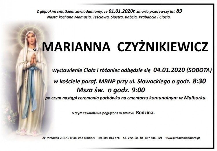 Zmarła Marianna Czyżnikiewicz. Żyła 89 lat.
