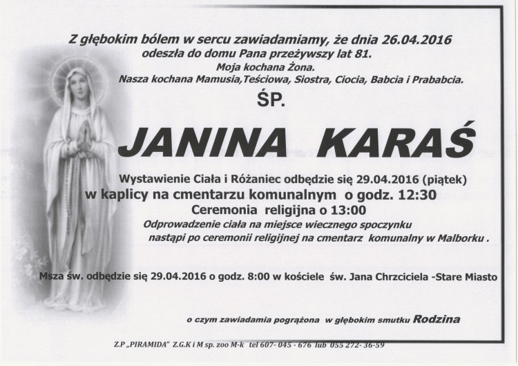 Zmarła Janina Karaś. Żyła 81 lat.
