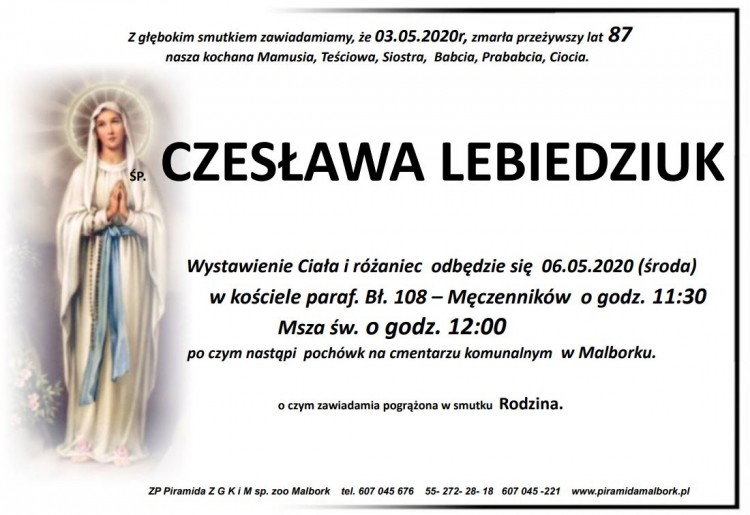 Zmarła Czesława Lebiedziuk. Żyła 87 lat.