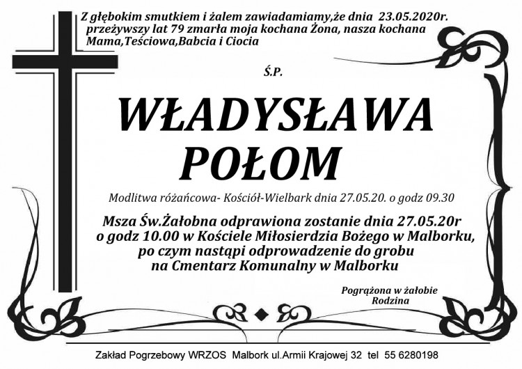 Zmarła Władysława Połom. Żyła 79 lat.