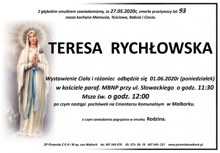 Zmarła Teresa Rychłowska. Żyła 93 lata.