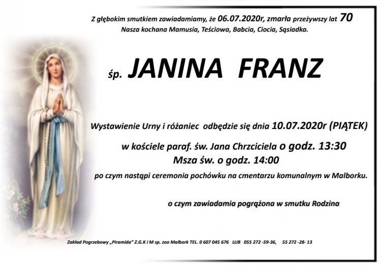 Zmarła Janina Franz. Żyła 70 lat.