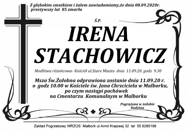 Zmarła Irena Stachowicz. Żyła 85 lat.
