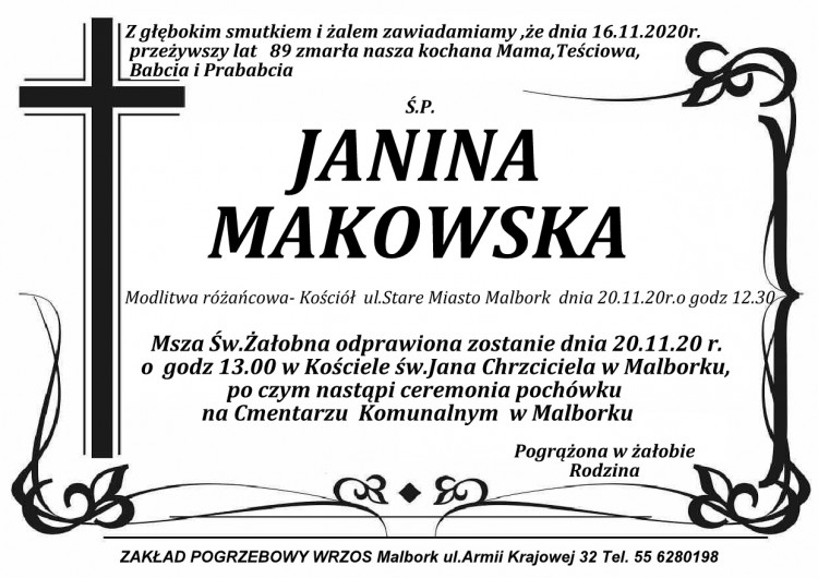 Zmarła Janina Makowska. Żyła 89 lat.