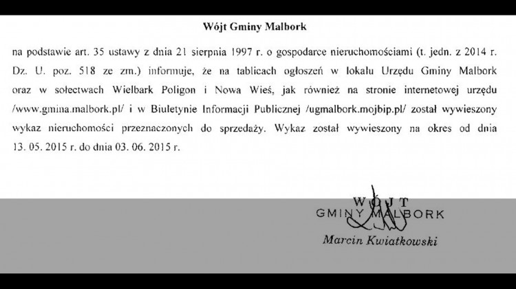 WYKAZ NIERUCHOMOŚCI NA SPRZEDAŻ W GMINIE MALBORK - 13.05.2015